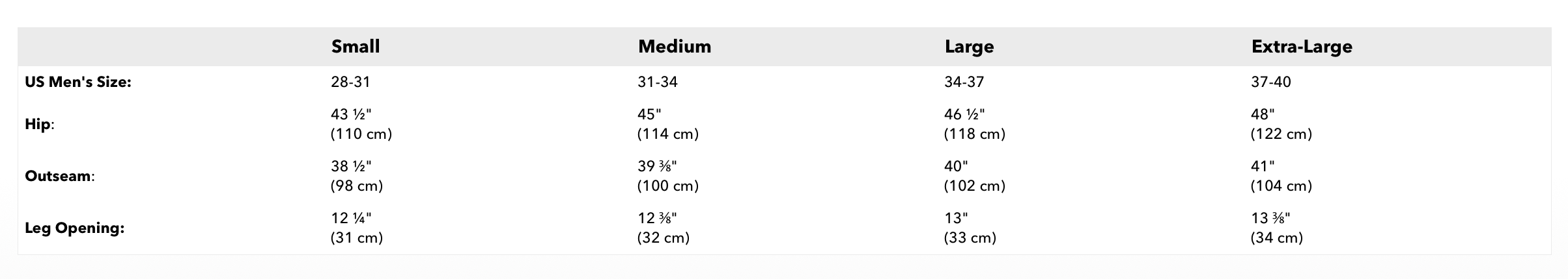 Zpacks Octa Fleece Pants Size chart